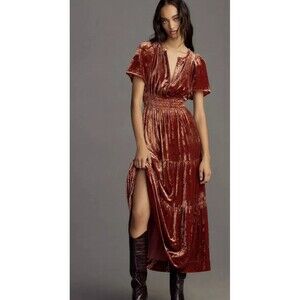 Anthropologie The Somerset Maxi Dress Velvet Edition Tiered Smock Auburn PS NEW